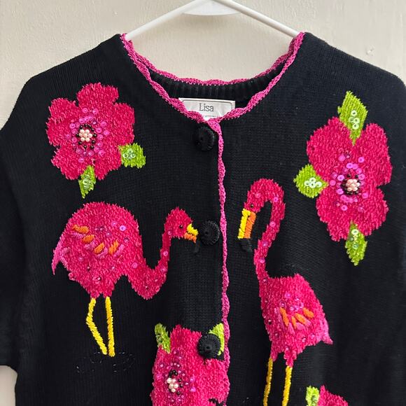 Lisa International Flamingo Beaded Sequin Cardigan Sweater Short Sleeve MEDIUM - Picture 2 of 14